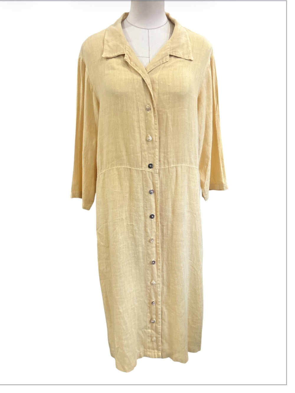 Vintage Cotton Connection 100% linen button down shirt dress yellow Sz Large